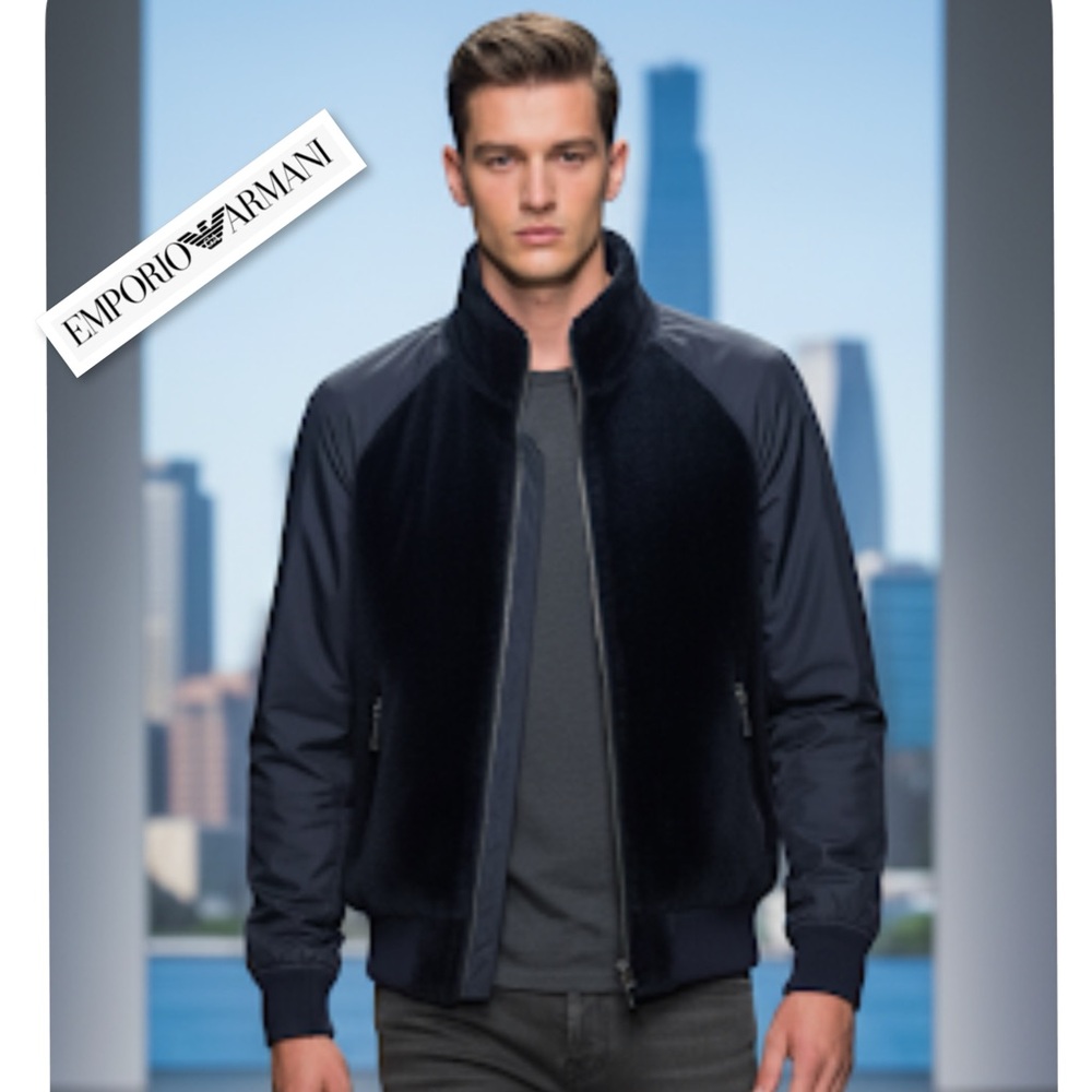 EMPORIO ARMANI Lamb Shearling Front Unisex Lightweight Bomber Jacket Navy Sz S - Picture 3 of 14